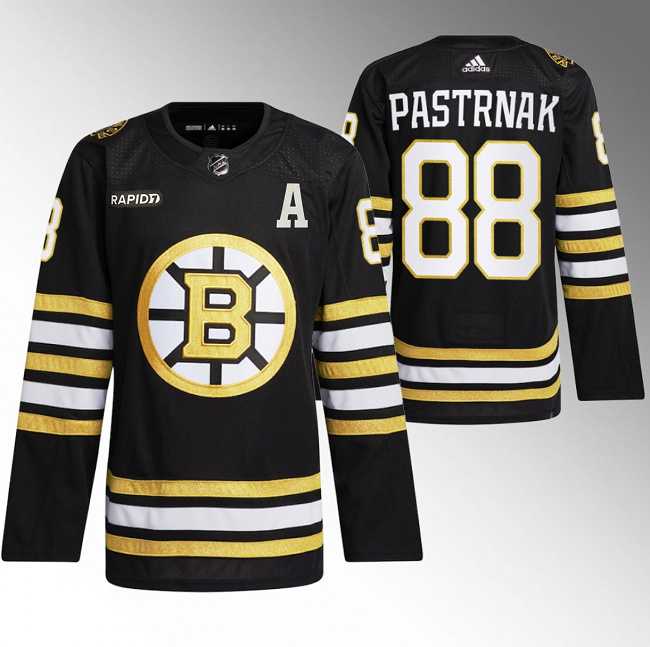 Men%27s Boston Bruins #88 David Pastrnak Black With Rapid7 Patch 100th Anniversary Stitched Jersey Dzhi->boston bruins->NHL Jersey